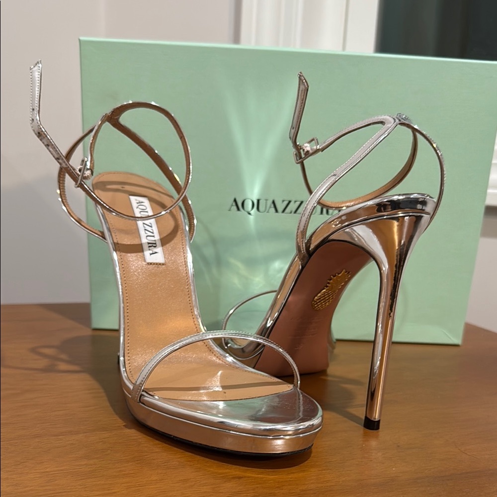 Aquazzura Olie Plateau 115 Silver Stiletto Strappy Heels